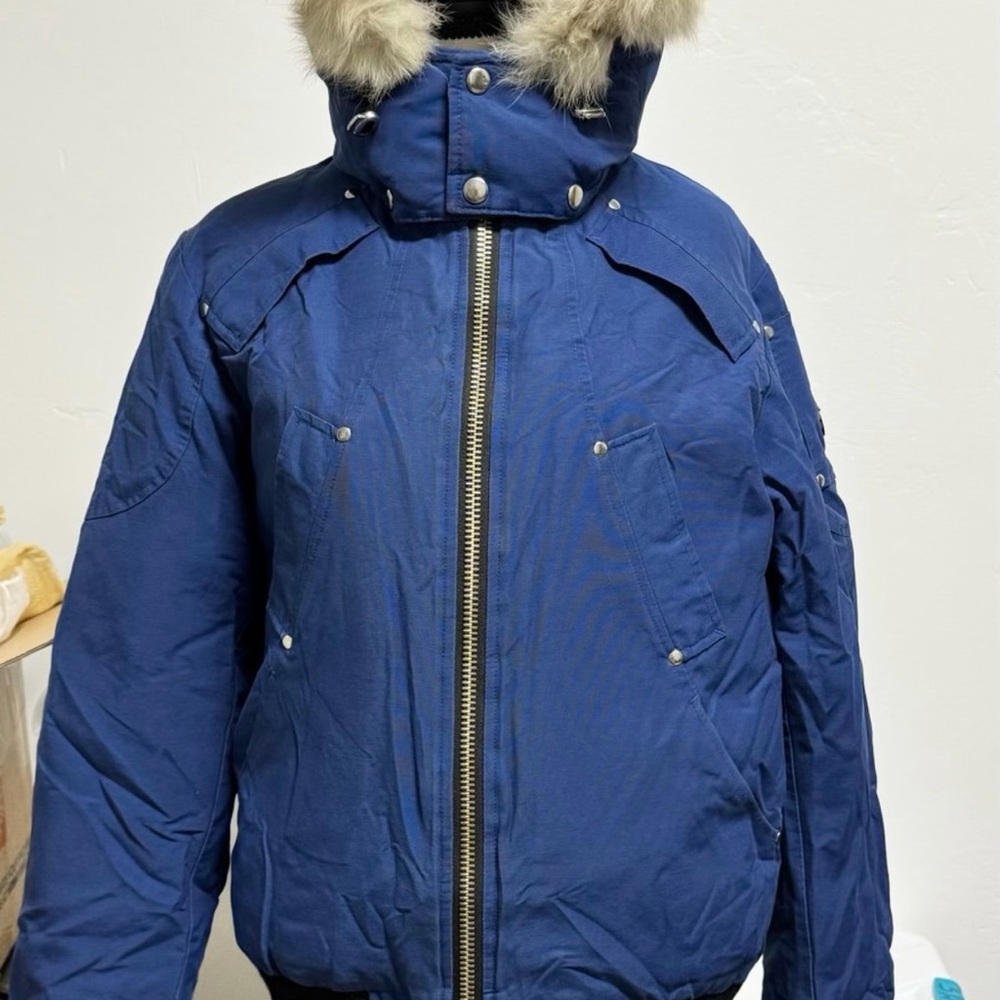Moose Knuckles Navy Puffer Jacket with Fur Trim